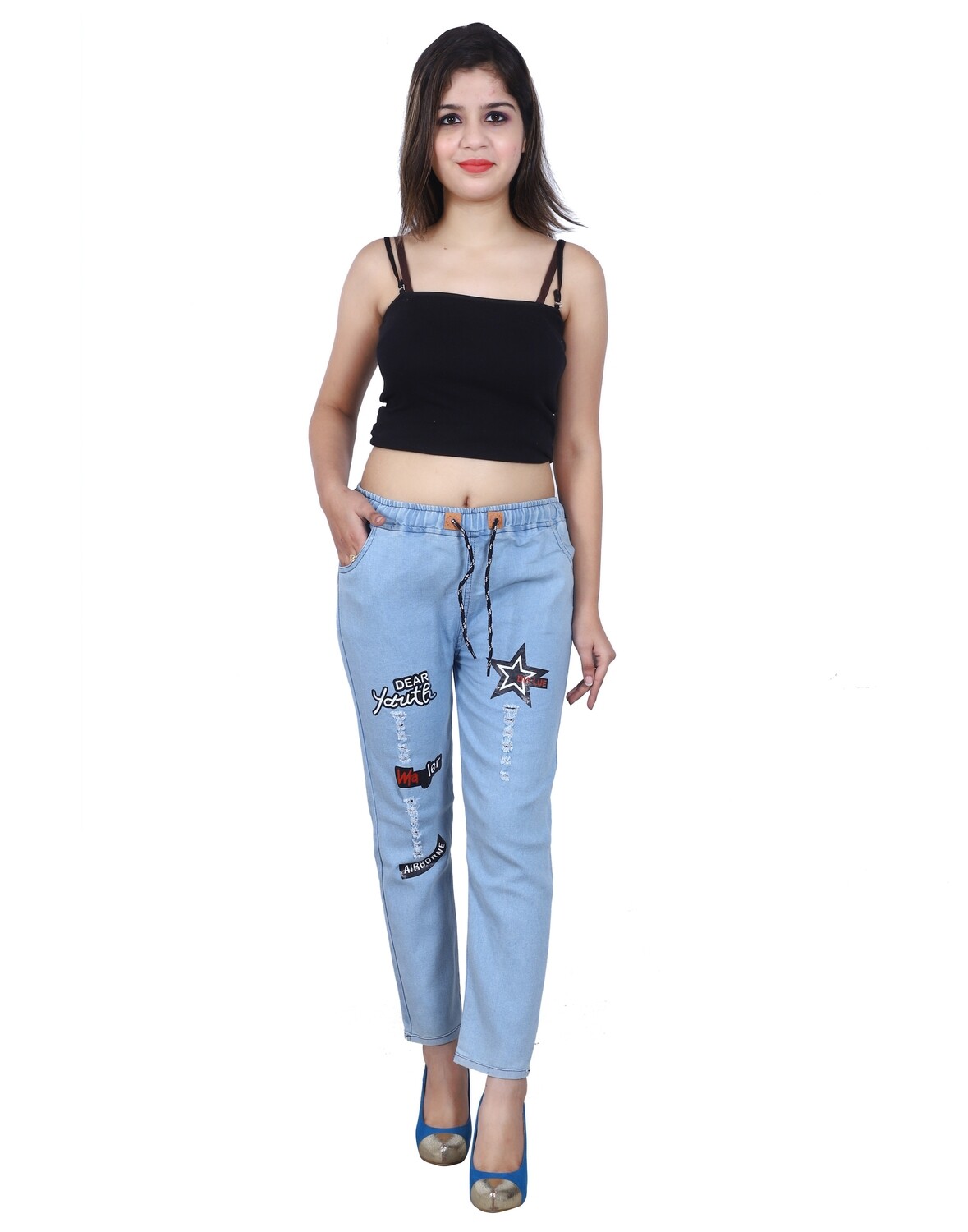 LIGHT BLUE STAR PRINTED TROUSER JEANS FOR WOMENS