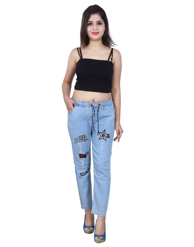 LIGHT BLUE STAR PRINTED TROUSER JEANS FOR WOMENS