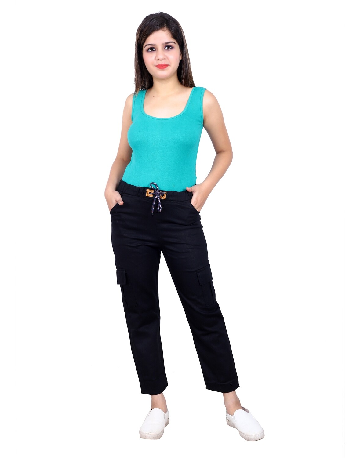 BLACK TWO SIDE POCKET JOGGER 100%COTTON FOR WOMENS