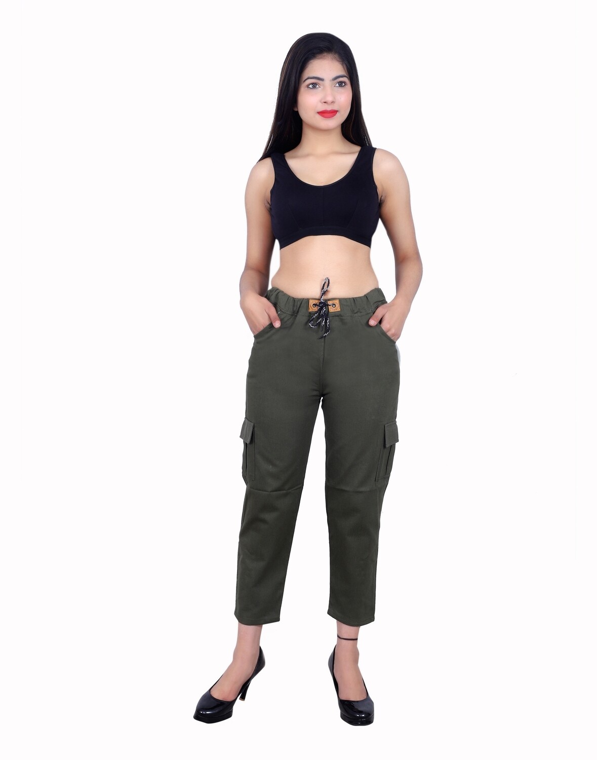 OLIVE GREEN TWO SIDE POCKET JOGGER 100%COTTON FOR WOMENS