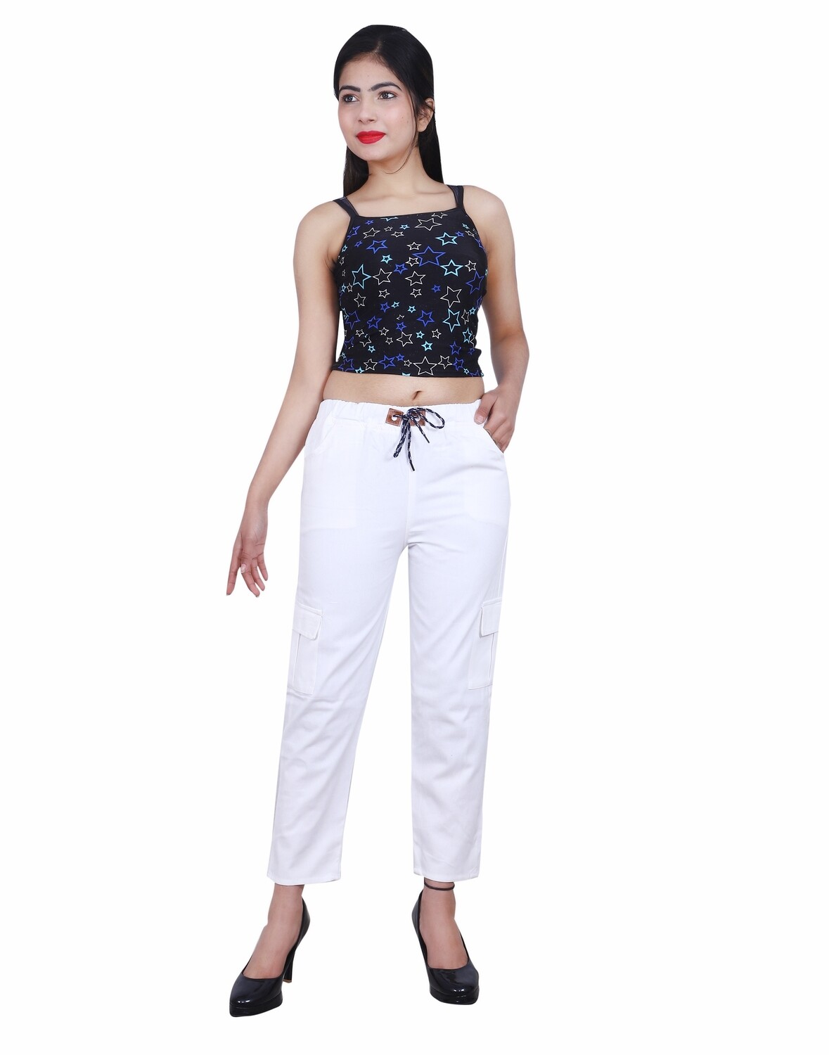 WHITE PLAIN TWO SIDE POCKET JOGGER 100%COTTON FOR WOMENS