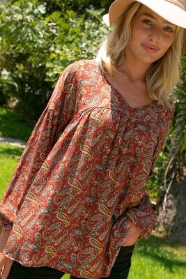 PAISLEY WOVEN VOLUME SLEEVE BABY DOLL TOP