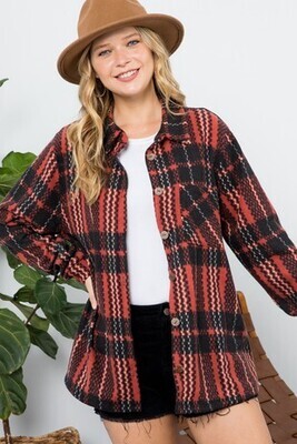  Fuzzy plaid flannel button down shacket