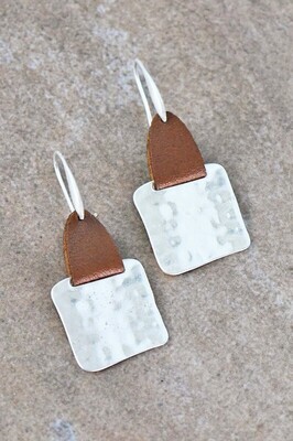 Hammered Square Earrings with Leather Accent