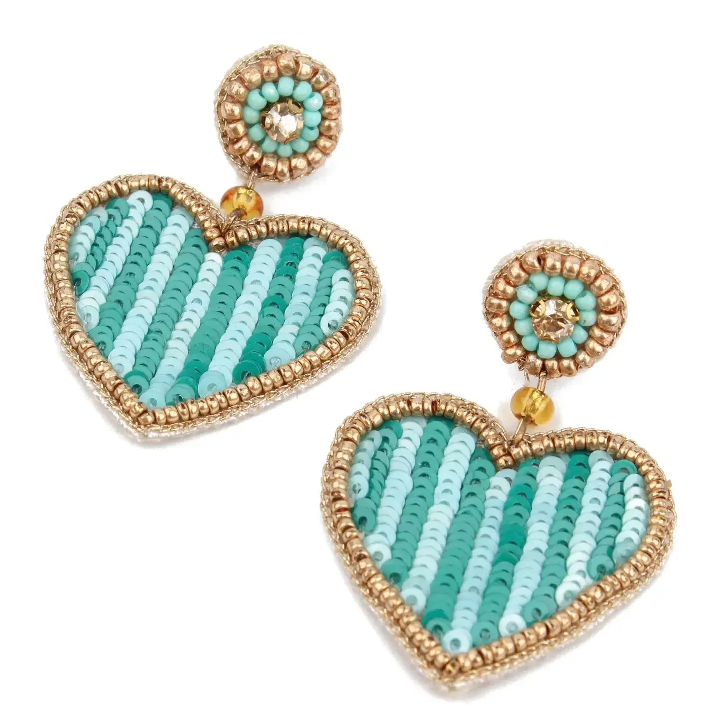 Beaded Blue & Gold Heart Earrings