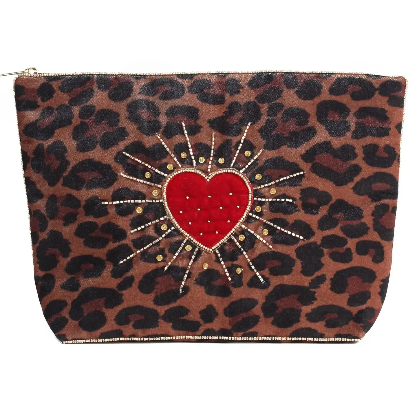 Leopard Heart Burst Beaded Pouch (Large Size)
