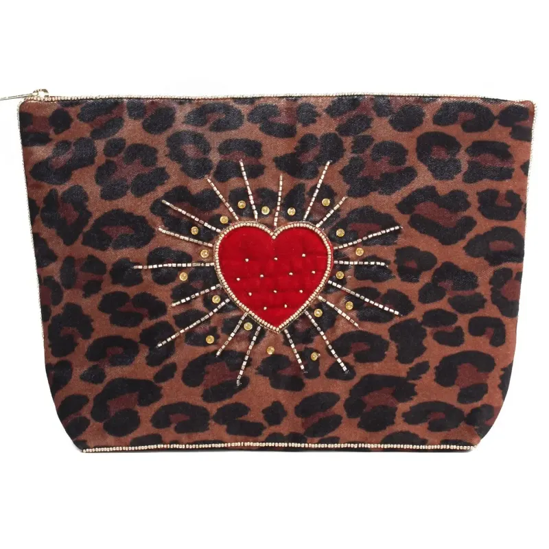 Leopard Heart Burst Beaded Pouch (Large Size)