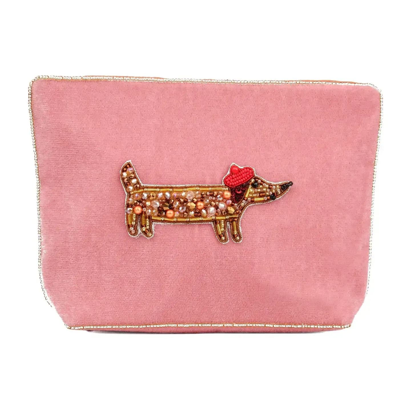Sausage Dog Beaded Pink Pouch (Medium Size)