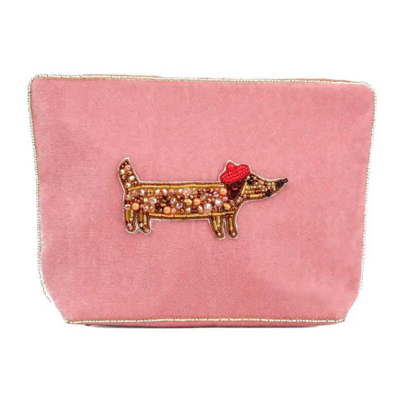Sausage Dog Beaded Pink Pouch (Medium Size)