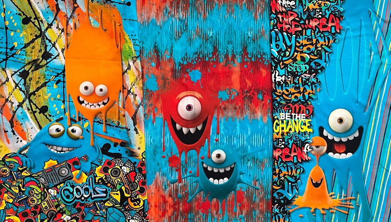Jersey Panel Ökotex, Monster, Graffiti, farbenfroh, cool