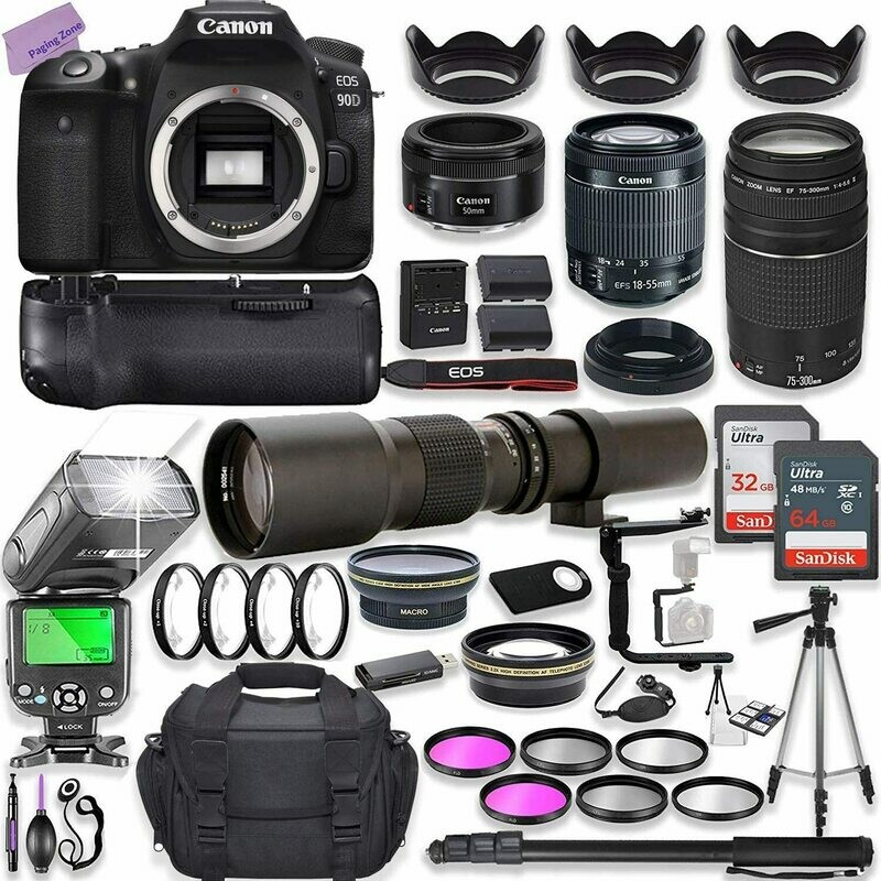 Canon EOS 90D DSLR Camera w/ 18-55mm Lens Bundle + Canon 75-300mm III Lens, Canon 50mm f/1.8 &amp; 500mm Preset Lens + Camera Case + 96GB Memory + Battery Grip + Speedlight Flash + Professional Bundle