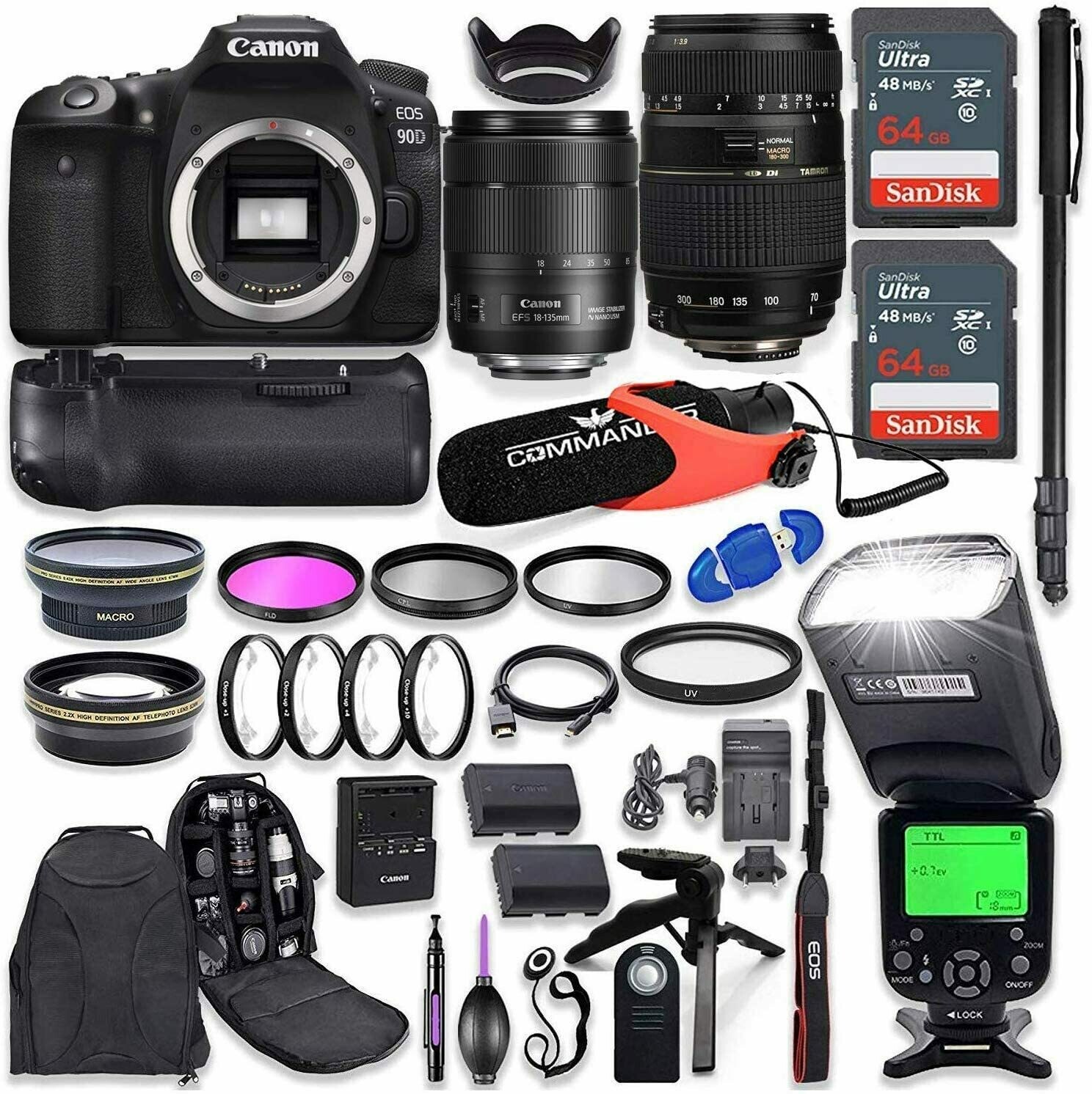 Canon EOS 90D DSLR Camera with EF-S 18-135mm f/3.5-5.6 is USM Lens + Tamron 70-300mm AF Lens, Battery Grip with Advanced Professional Photo &amp; Travel Bundle