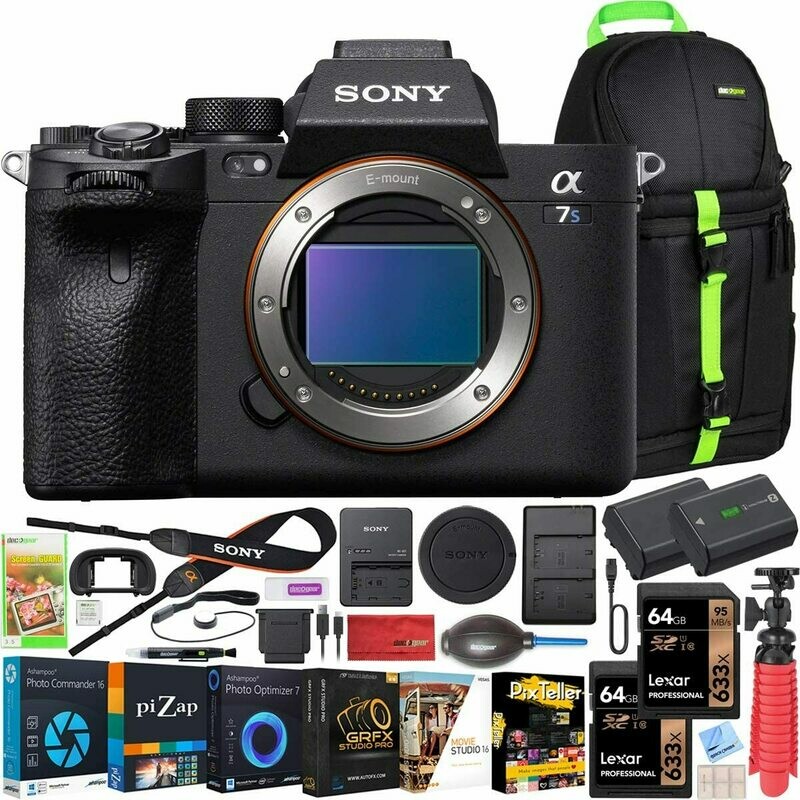 Sony a7s III ILCE-7SM3/B Mirrorless Digital Camera with 35mm Full-Frame Sensor Body Bundle w/Deco Gear Backpack + Extra Battery + Dual Charger + 2X 64GB Memory Card (128GB Total) and Kit Accessories