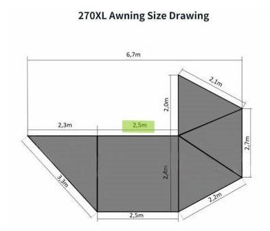 2.5m wide,  "Freestanding" 270 XL side awning. Incl 4 light bars!