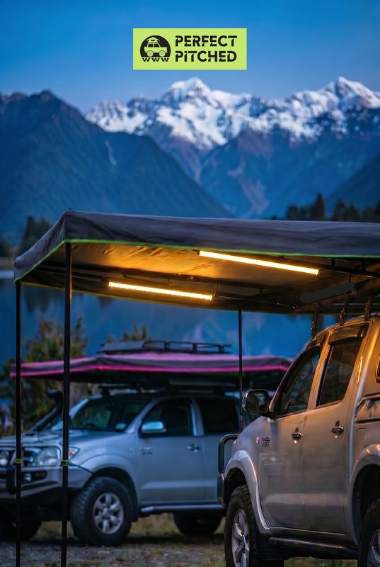 2.5m wide,  "Freestanding" 180 degree side awning, incl 2 light bars. PINK edge !