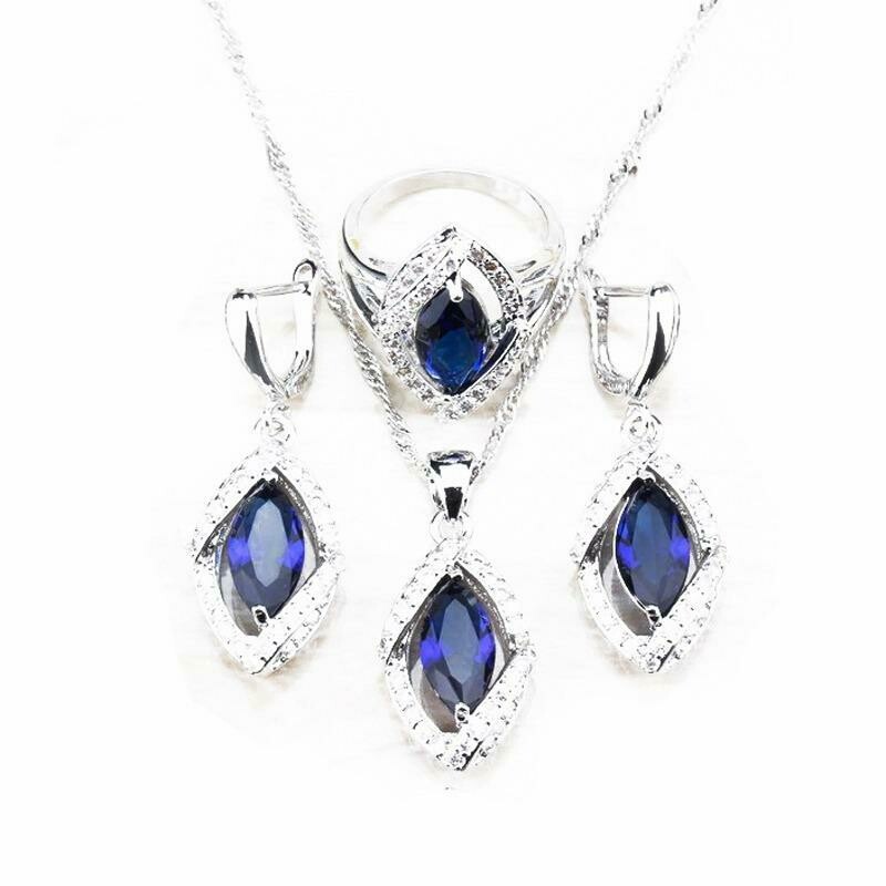 Natural Stone CZ Blue Pendant, Earring And Ring Sets