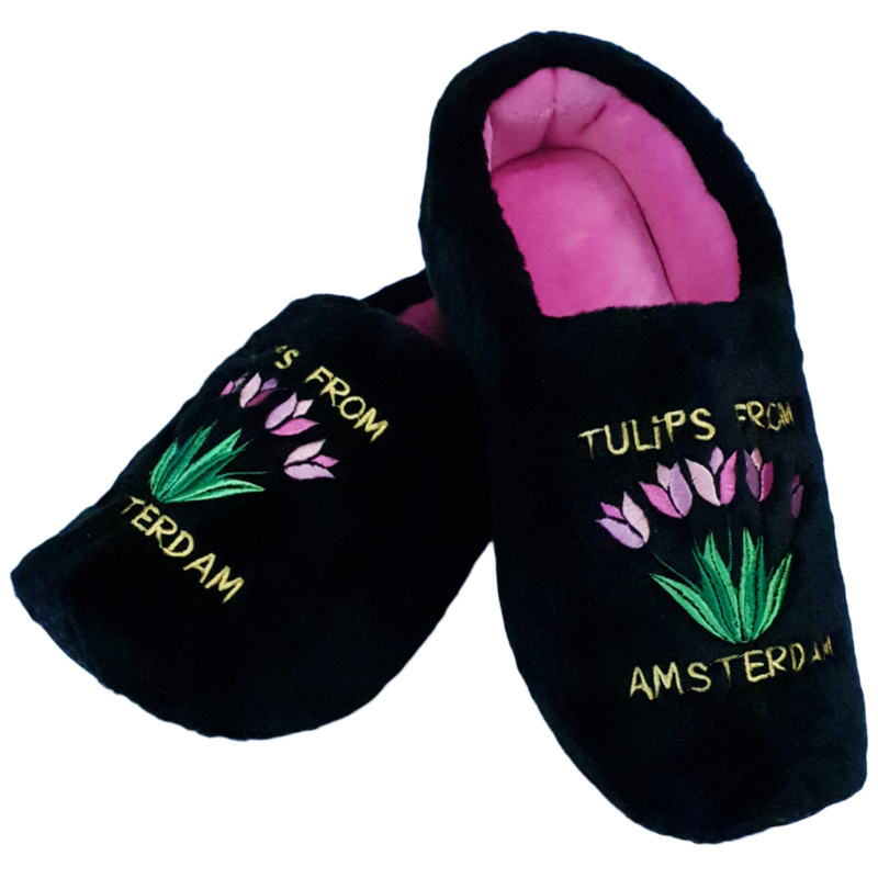 Elcee-Haly – Zwarte Pantoffelklomp met Tulpen boeket – Zwart / Roze