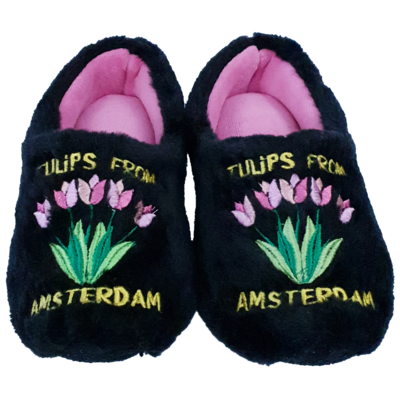Elcee-Haly – Zwarte Pantoffelklomp met Tulpen boeket – Zwart / Roze