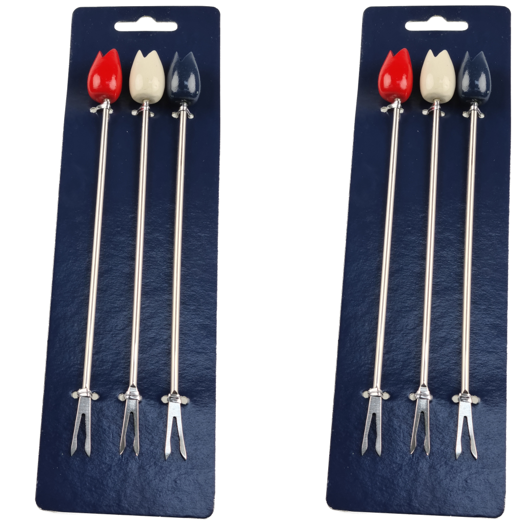 Trendy Fonduevorken met Hollandse tulpjes - RVS - set van 6 - Rood / Wit / Blauw