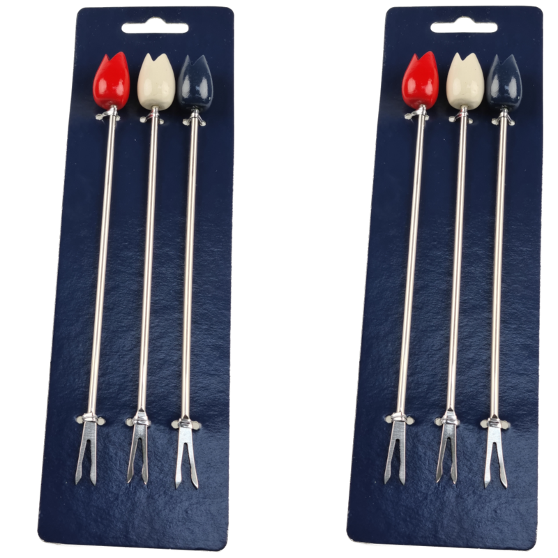 Trendy Fonduevorken met Hollandse tulpjes - RVS - set van 6 - Rood / Wit / Blauw