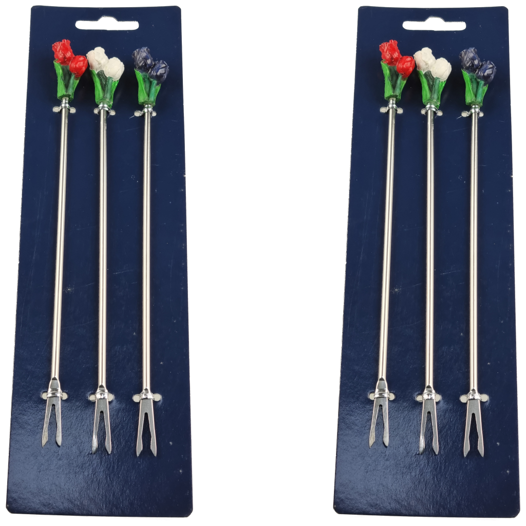 Trendy Fonduevorken met miniatuur tulpjes - RVS - set van 6 - Rood / Wit / Blauw