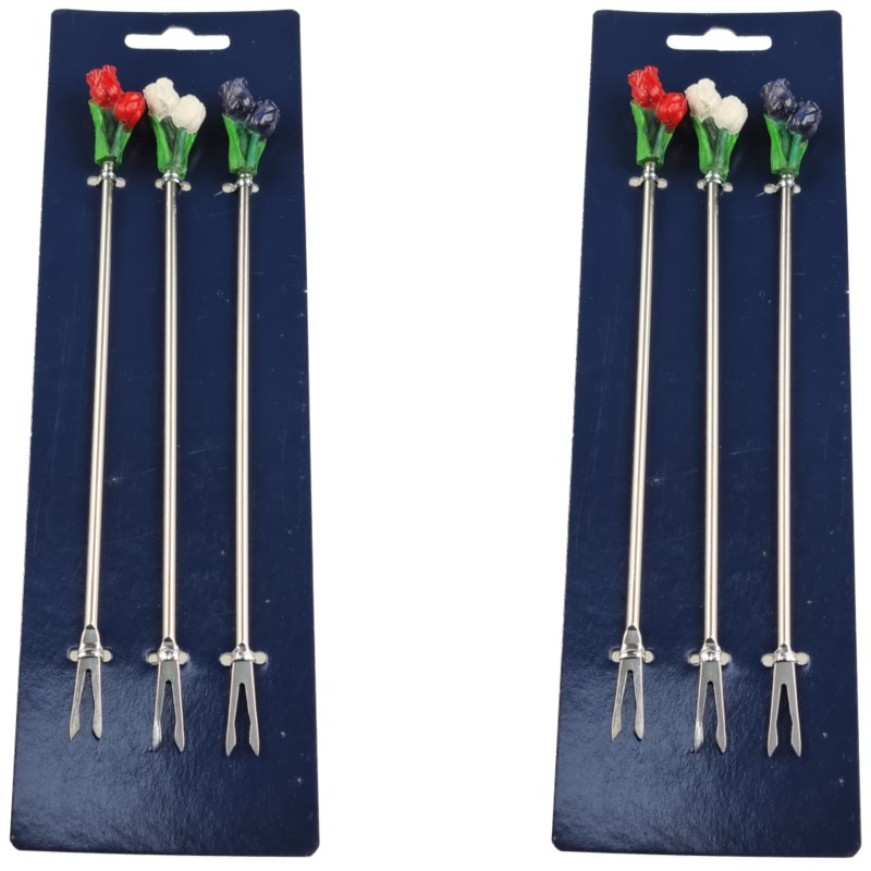 Trendy Fonduevorken met miniatuur tulpjes - RVS - set van 6 - Rood / Wit / Blauw