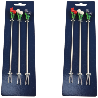 Trendy Fonduevorken met miniatuur tulpjes - RVS - set van 6 - Rood / Wit / Blauw