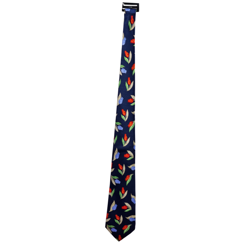 100% Zijden Stropdas marine blauw met print