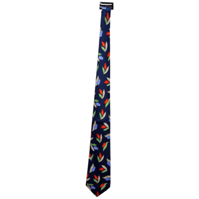 100% Zijden Stropdas marine blauw met print