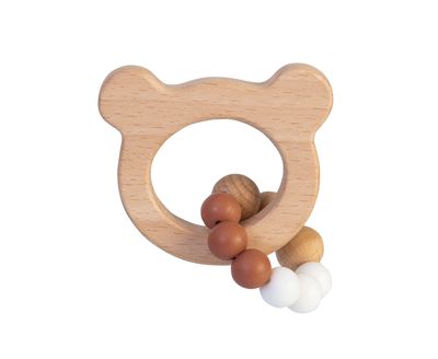 BAMBAM - Eco-vriendelijk houten Bijtring Beer met siliconen kralen - BPA vrij - Baby cadeau