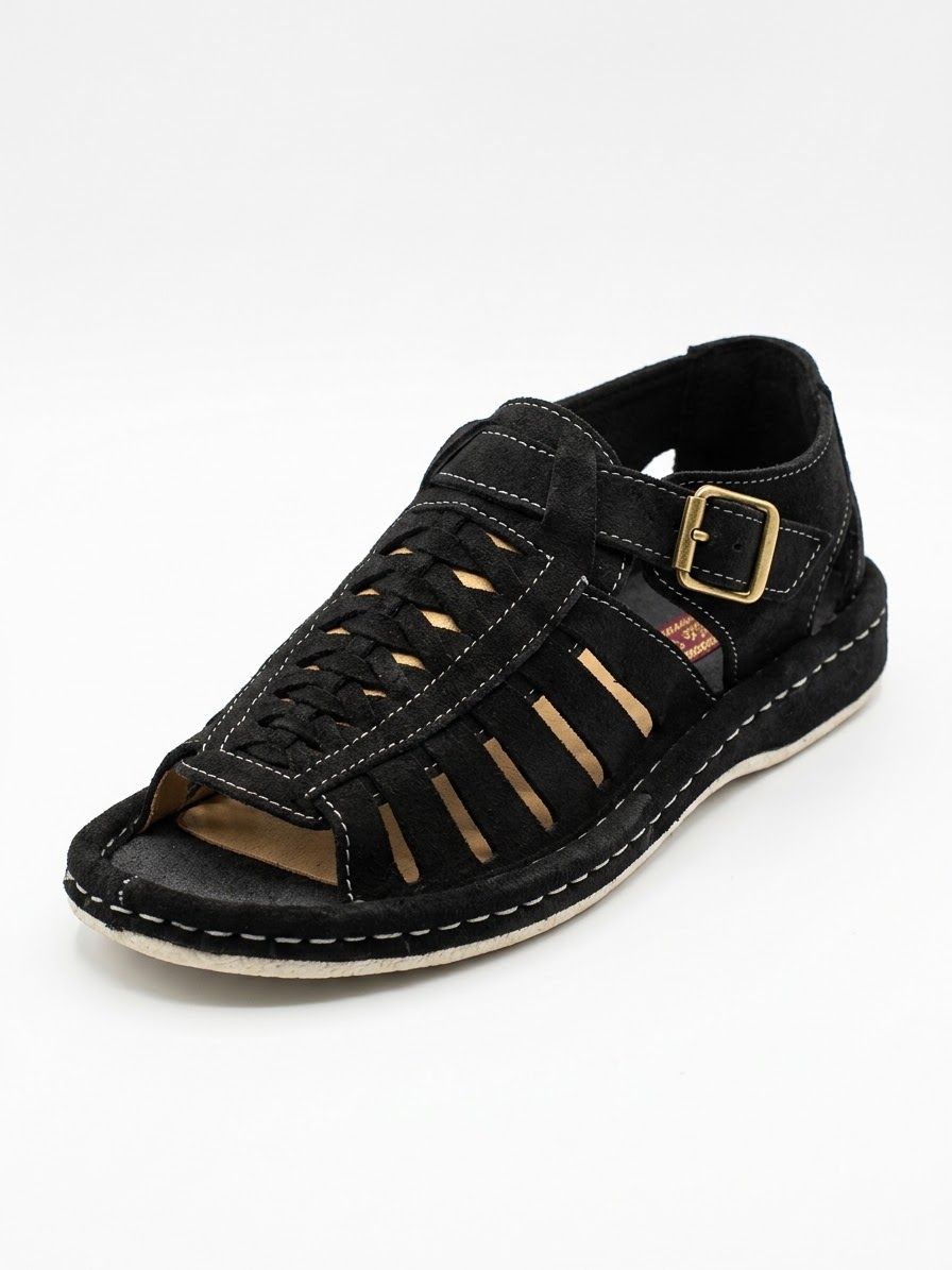 Omega Kgosi Leather Sandals – Black Suede (Grey Detail)