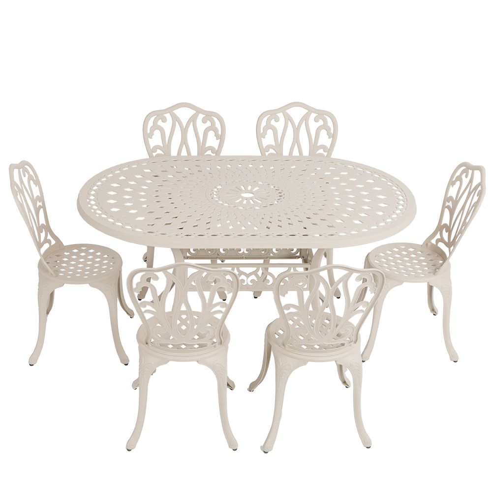 6 Seater - Lisa Aluminium Patio Set / Garden Furniture / Outdoor Dining Set    (6 Lisa Chairs with 150cm x 96cm Oval Lattice Table) - SAND