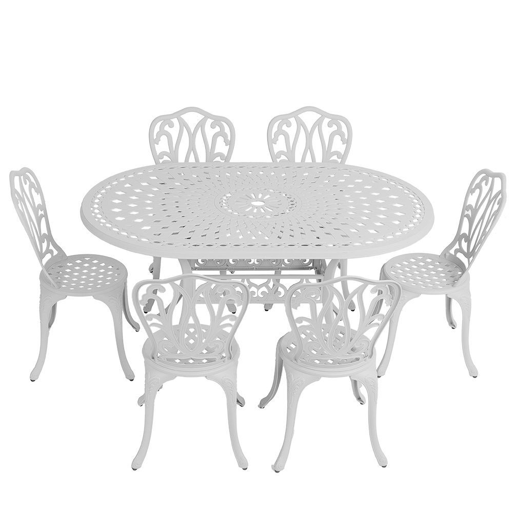 6 Seater - Lisa Aluminium Patio Set / Garden Furniture / Outdoor Dining Set    (6 Lisa Chairs with 150cm x 96cm Oval Lattice Table) - WHITE