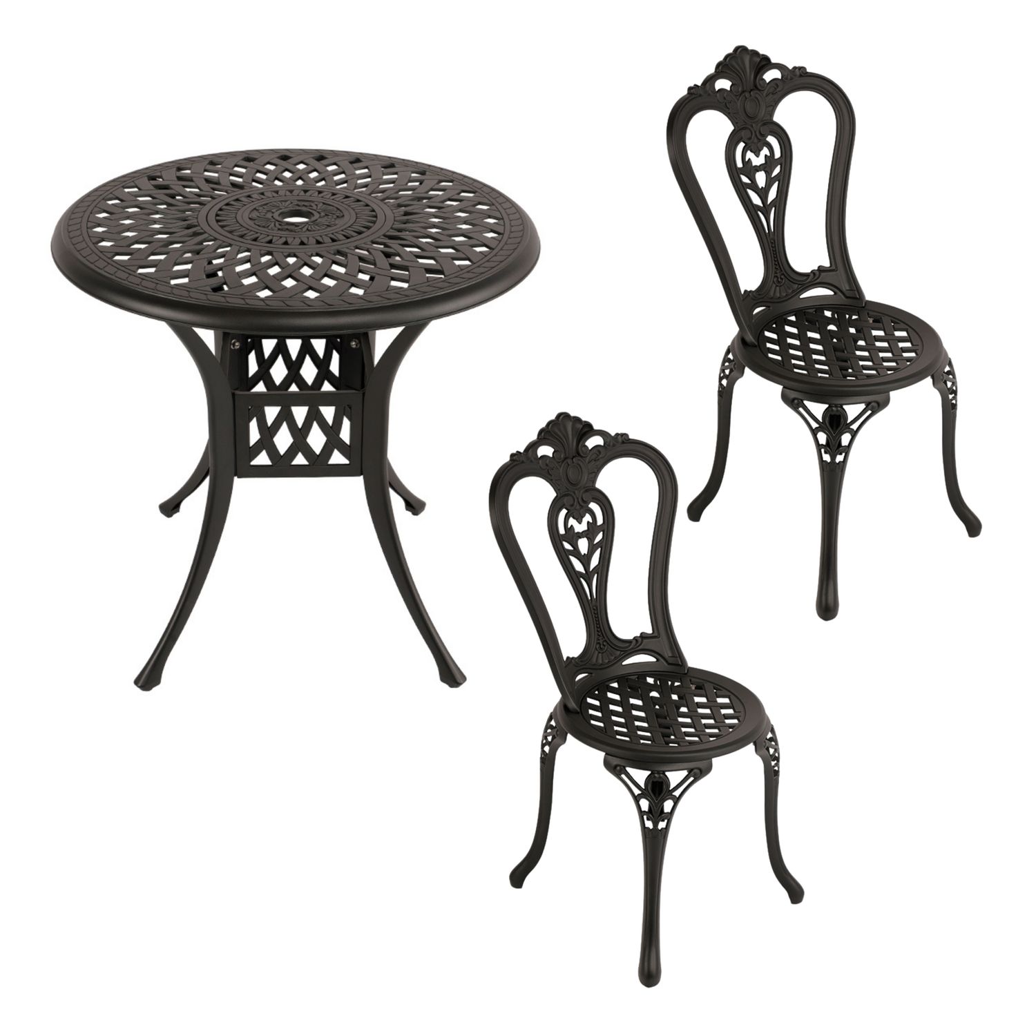 2 Seater - Victoria Aluminium Patio Set / Garden Furniture / Outdoor Dining Set   (2 Victoria Chairs with 78cm Round Lattice Table) - BLACK
