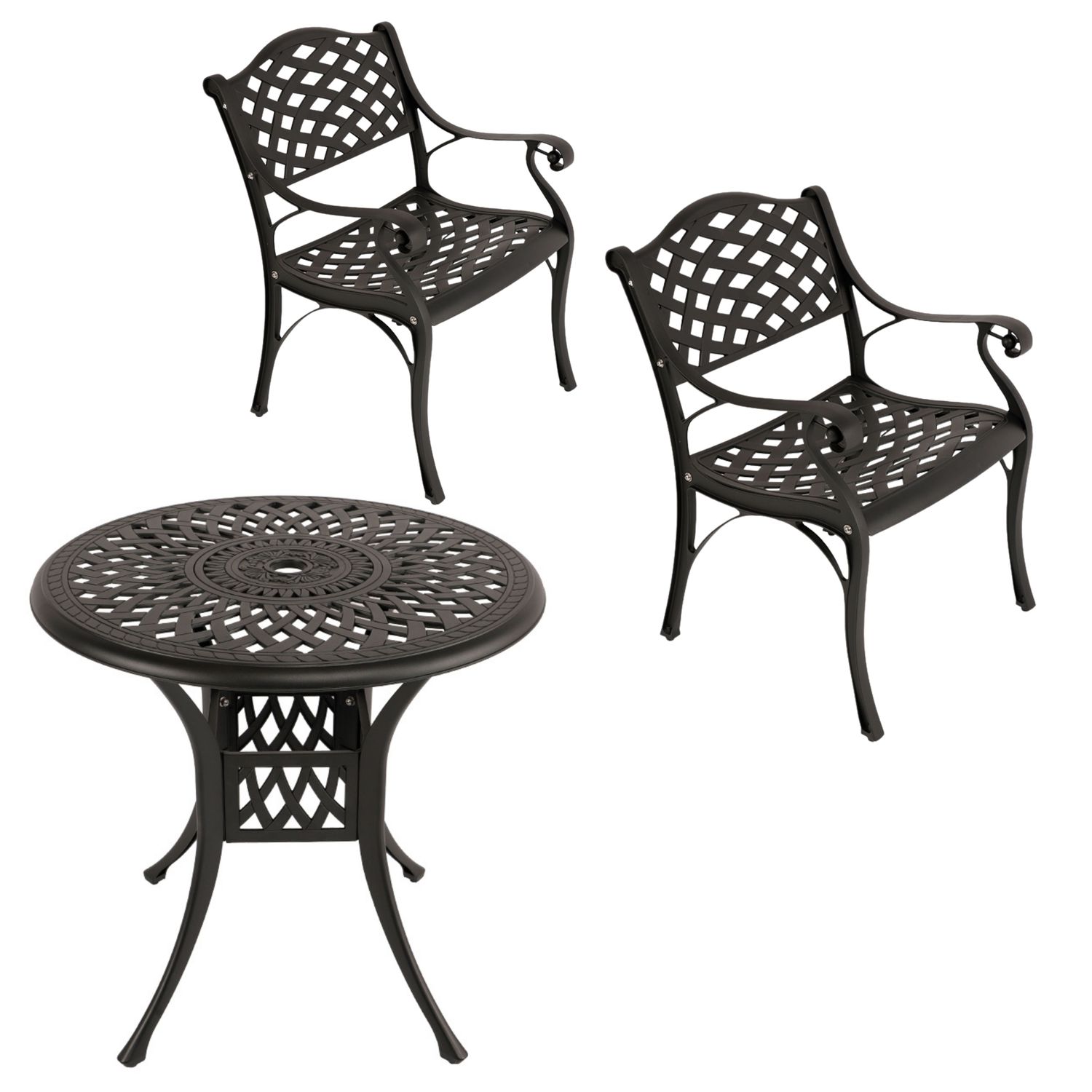 2  Seater - Lattice Aluminium Patio Set / Garden Furniture / Outdoor Dining Set   (2 Lattice Chairs with 78cm Round Lattice Table) - BLACK