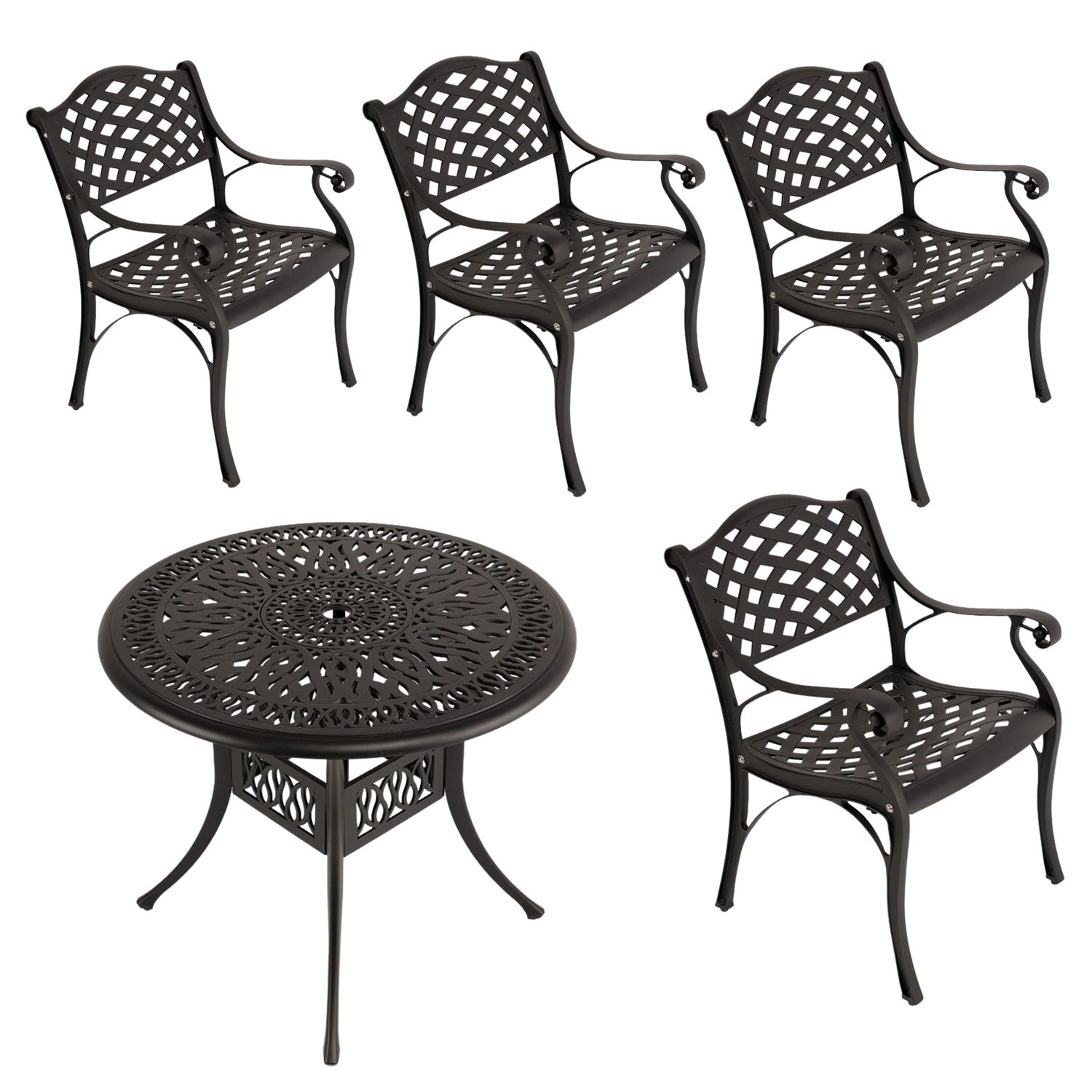 4 Seater - Lattice Aluminium Patio Set / Garden Furniture / Outdoor Dining Set    (4 Lattice Chairs with 90cm Round Elizabeth Table) - BLACK