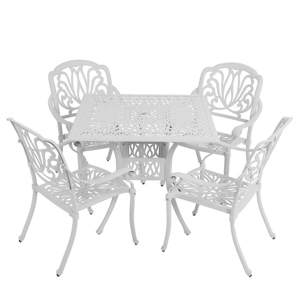 4 Seater - Protea Aluminium Patio Set / Garden Furniture / Outdoor Dining Set    (4 Protea Chairs with 90cm x 90cm Square Elizabeth Table) - WHITE
