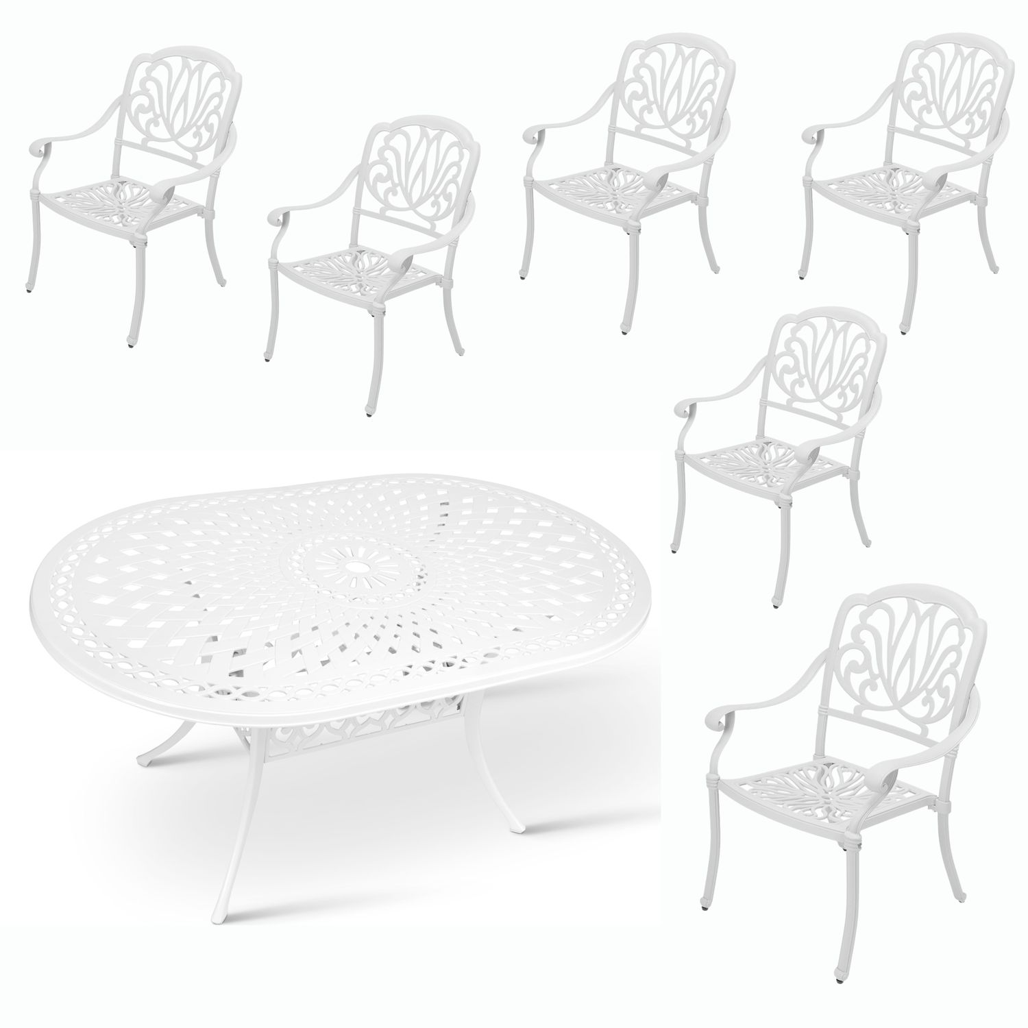 6 Seater - Protea Aluminium Patio Set / Garden Furniture / Outdoor Dining Set     (6 Protea Chairs with 150cm x 96cm Oval Lattice Table) - WHITE