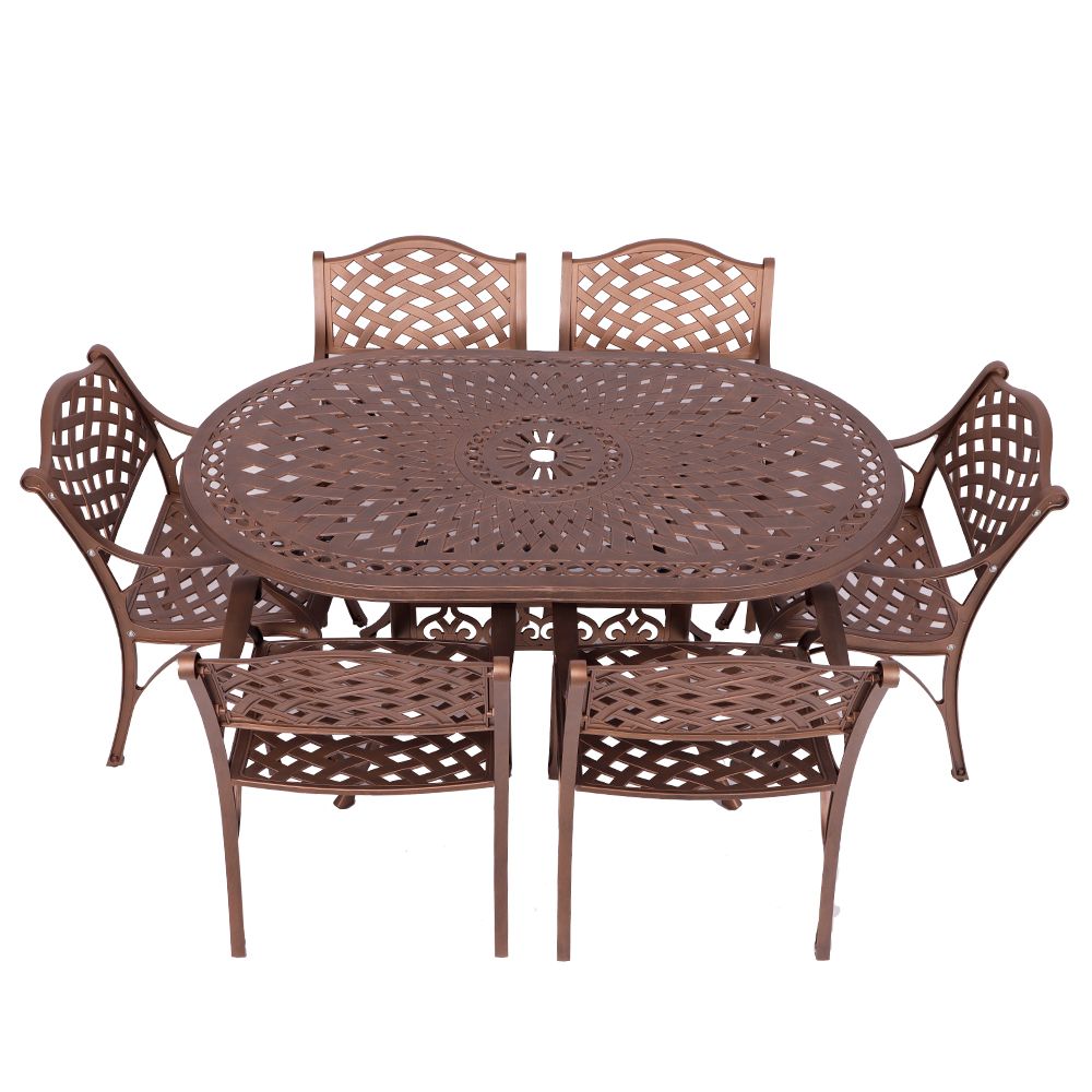 6 Seater - Lattice Aluminium Patio Set / Garden Furniture / Outdoor Dining Set    (6 Lattice Chairs with 150cm x 96cm Oval Lattice Table) - COPPER