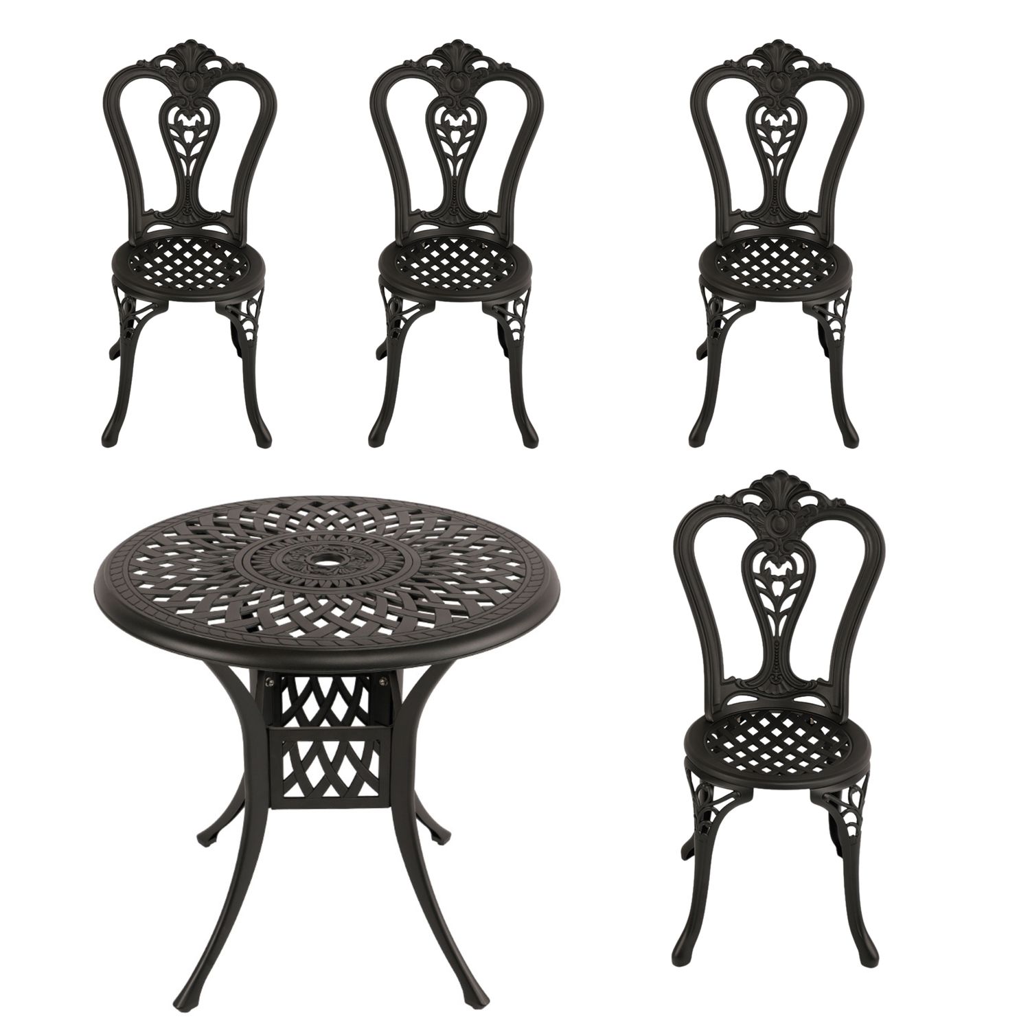 4 Seater - Victoria Aluminium Patio Set / Garden Furniture / Outdoor Dining Set    (4 Victoria Chairs with 78cm Round Elizabeth Table) - BLACK