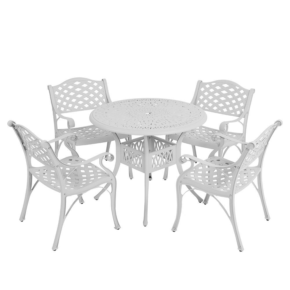 4 Seater - Lattice Aluminium Patio Set / Garden Furniture / Outdoor Dining Set    (4 Lattice Chairs with 90cm Round Elizabeth Table) - WHITE