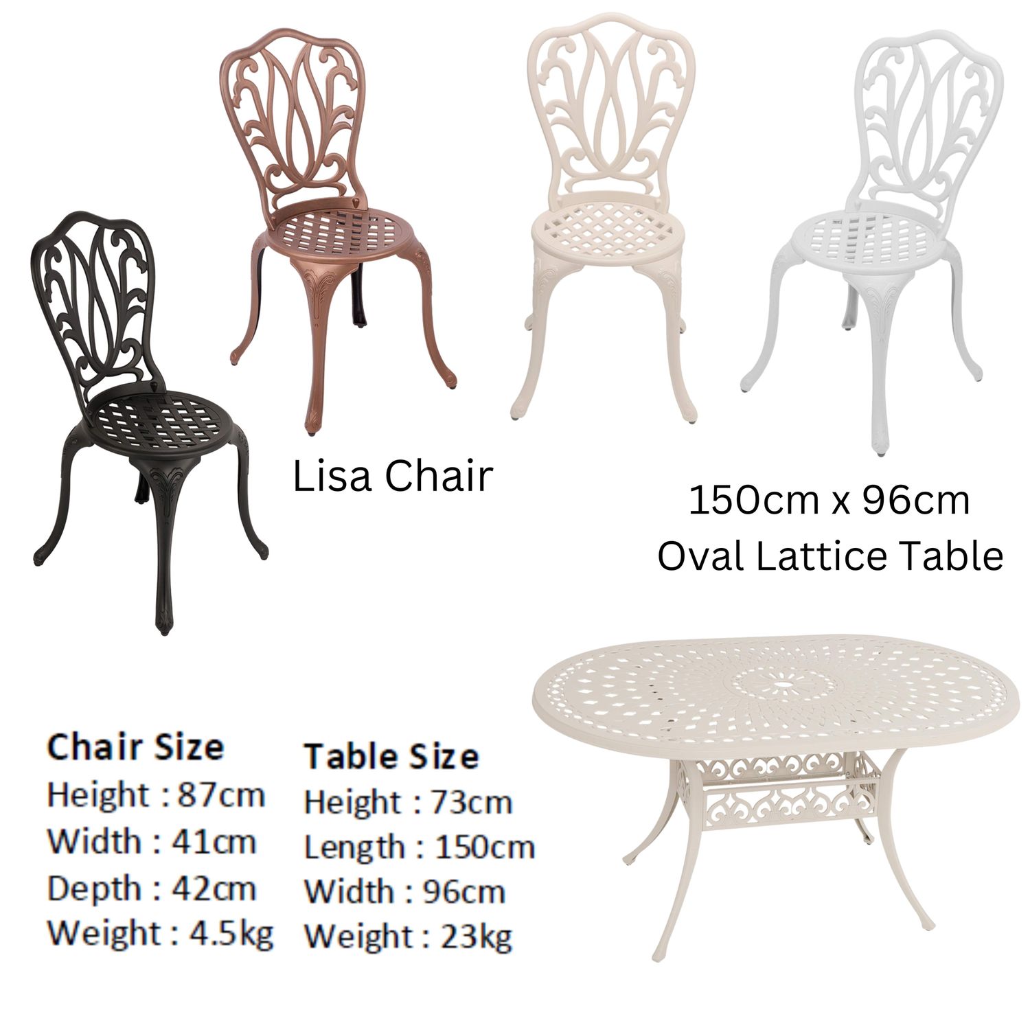 6 Seater Lisa  Patio Set with 150cm x 96cm Oval Lattice Table  - WHITE