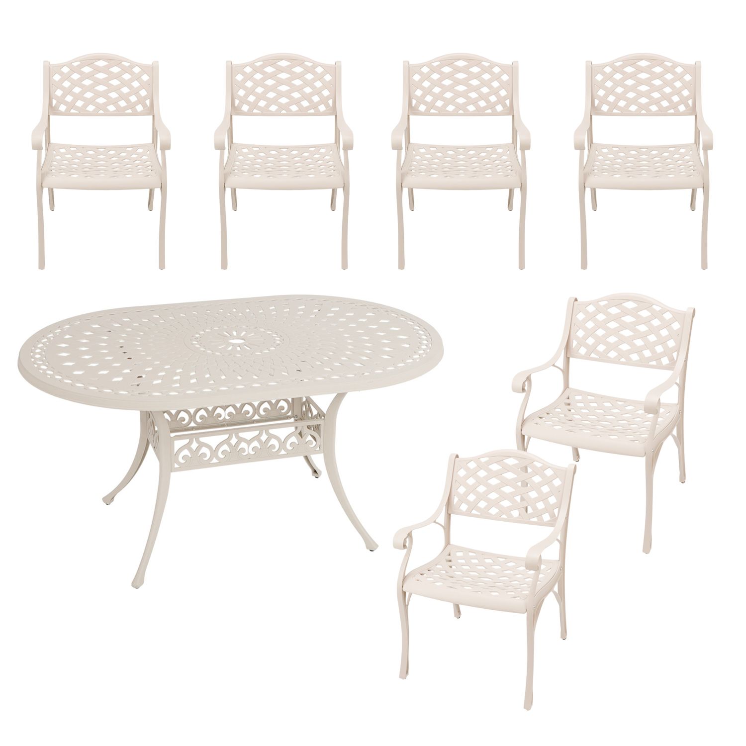 6 Seater - Lattice Aluminium Patio Set / Garden Furniture / Outdoor Dining Set    (6 Lattice Chairs with 150cm x 96cm Oval Lattice Table) - SAND