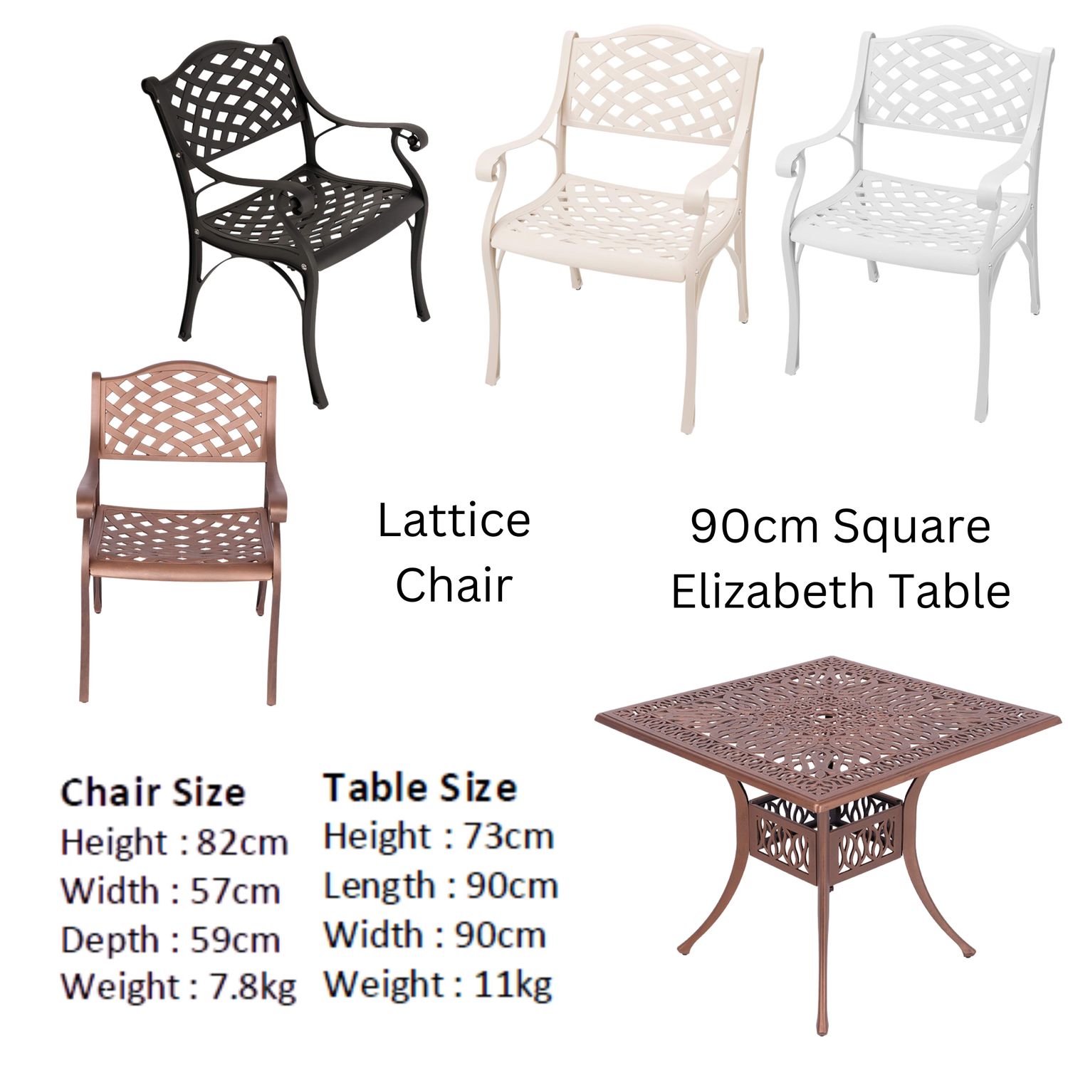 4 Seater Lattice  Patio Set with 90cm x 90cm Square Elizabeth Table  - COPPER