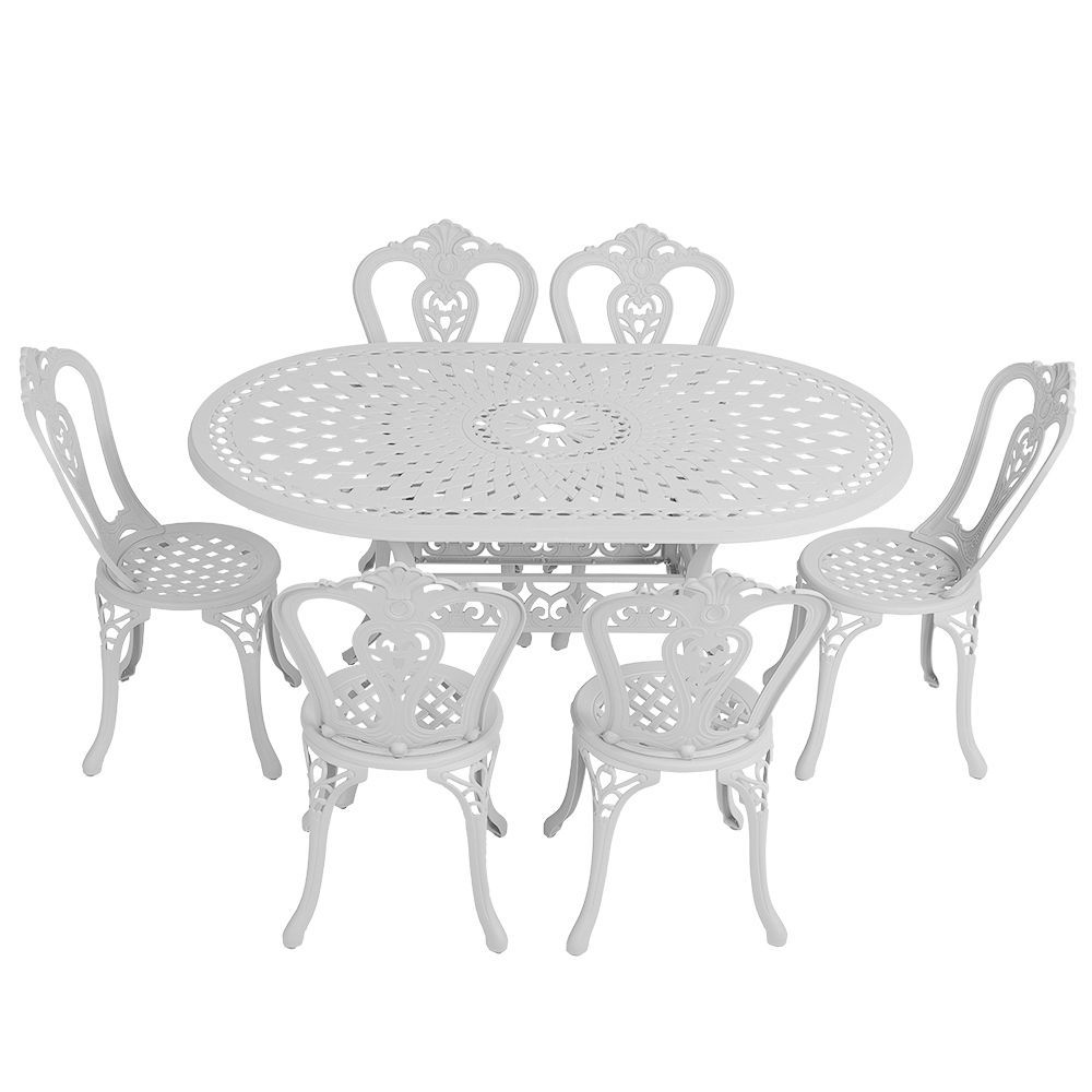 6 Seater - Victoria Aluminium Patio Set / Garden Furniture / Outdoor Dining Set    (6 Victoria Chairs with 150cm x 96cm Oval Lattice Table) - WHITE