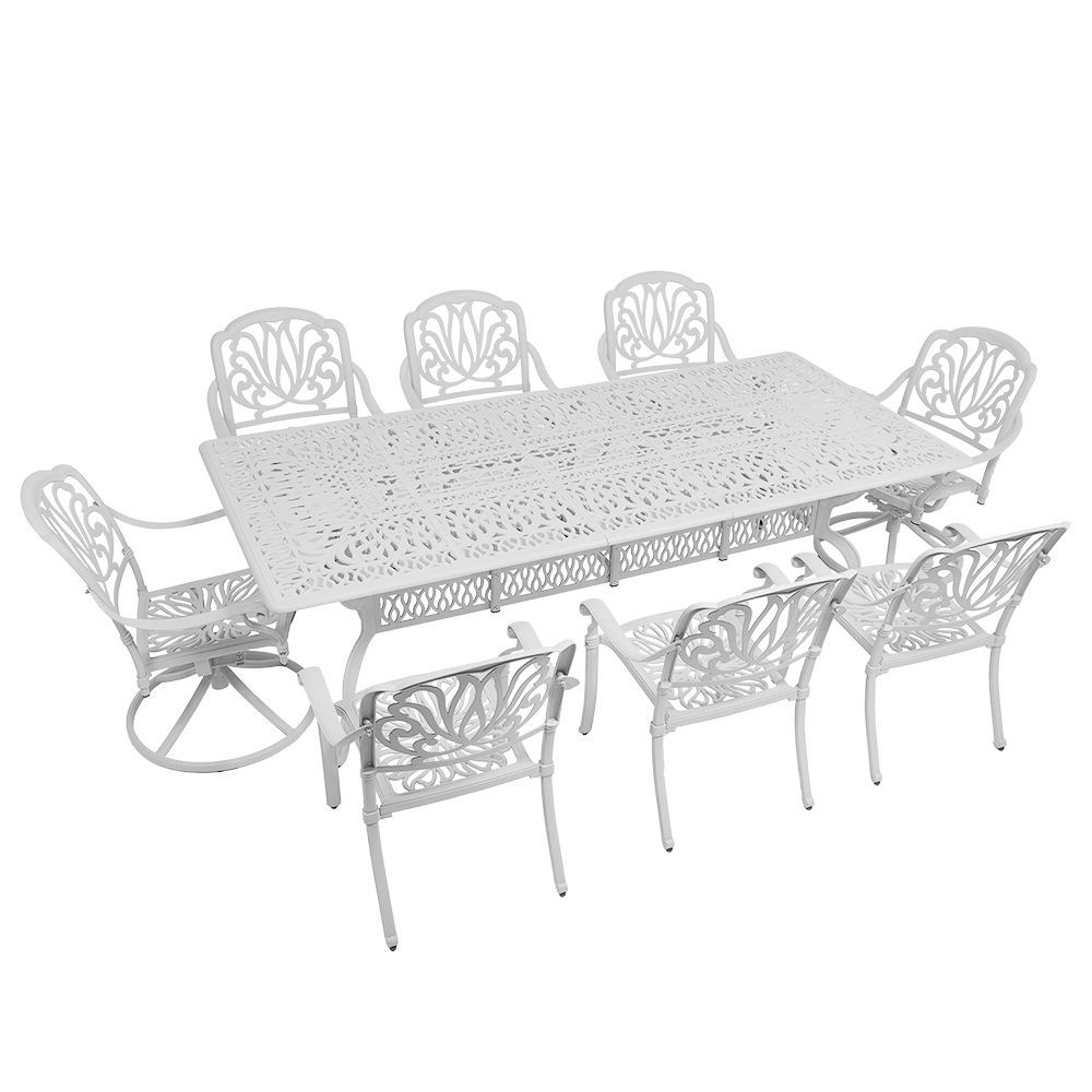 8 Seater - Protea Aluminium Patio Set / Garden Furniture / Outdoor Dining Set    (2 Protea Swivel Chairs &amp; 6 Protea Chairs with 240cm x 110cm Rectangular Elizabeth Table) - WHITE