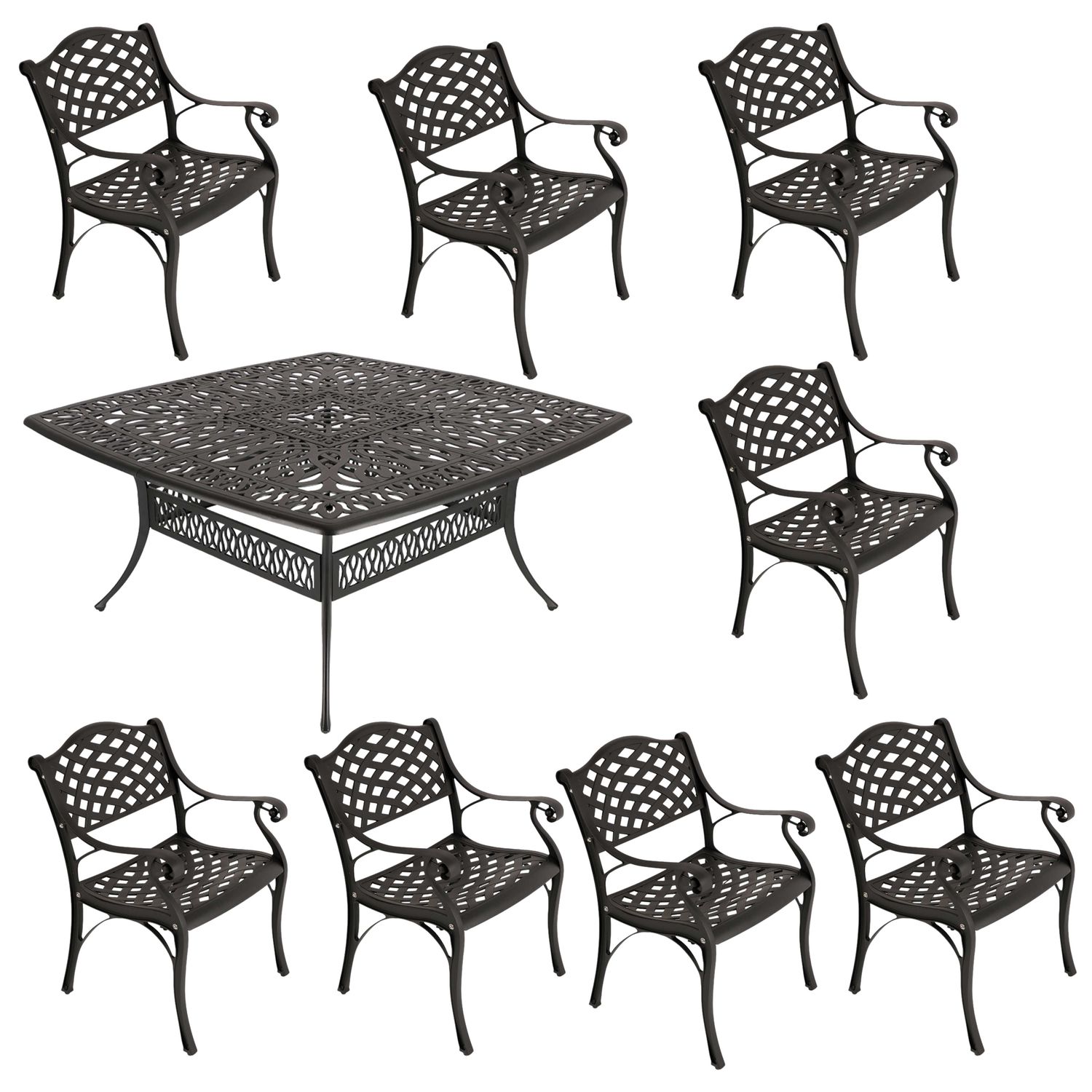 8 Seater - Lattice Aluminium Patio Set / Garden Furniture / Outdoor Dining Set    (8 Lattice Chairs with 164cm x  164cm Square Elizabeth Table) - BLACK