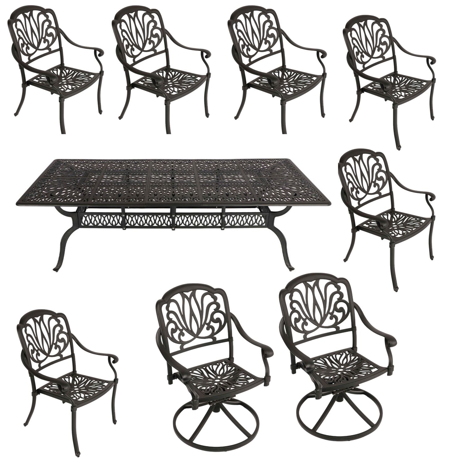 8 Seater - Protea Aluminium Patio Set / Garden Furniture / Outdoor Dining Set    (2 Protea Swivel Chairs &amp; 6 Protea Chairs with 240cm x 110cm Rectangular Elizabeth Table) - BLACK