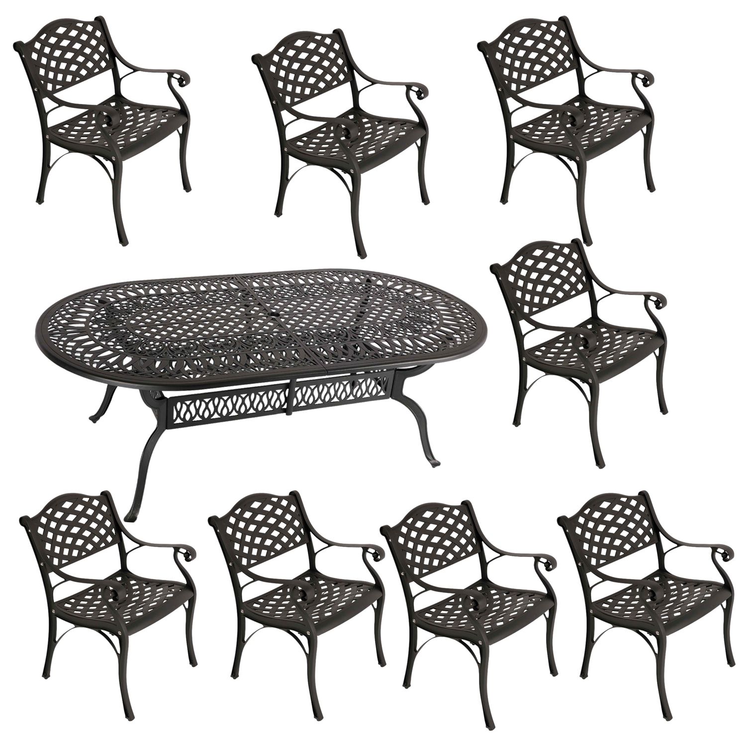 8 Seater - Lattice Aluminium Patio Set / Garden Furniture / Outdoor Dining Set    (8 Lattice Chairs with 214cm x 110cm Oval Elizabeth Table) - BLACK