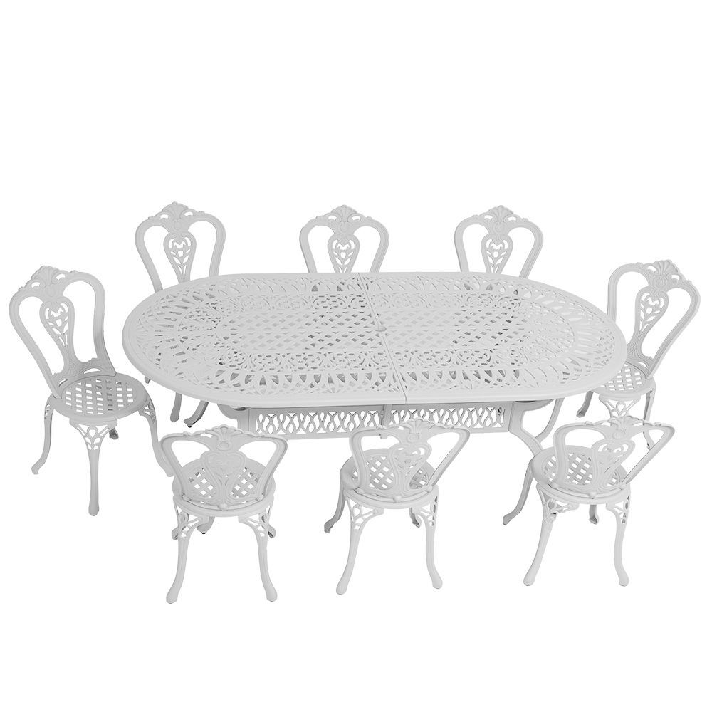 8 Seater - Victoria Aluminium Patio Set / Garden Furniture / Outdoor Dining Set     (8 Victoria Chairs with 214cm x 110cm  Oval Elizabeth Table) - WHITE